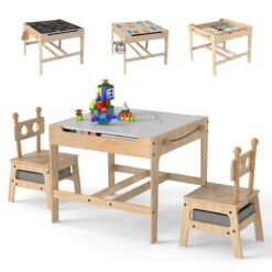 Kids Table and Chairs 4 in 1 Wooden Activity Desk Set (Bear Shape)-Grey