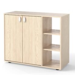 3-Tier Shoe Cabinet with Doors and Adjustable Open Shelves-Natural