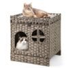 Foldable 2-tier Rattan Cat Litter Box Enclosure with Litter Mat-Grey