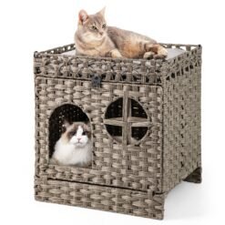 Foldable 2-tier Rattan Cat Litter Box Enclosure with Litter Mat-Grey