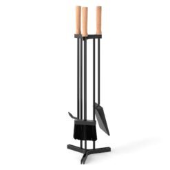 4-Piece Metal Fireplace Tools Set with Wood Handle and Base Stand Holder