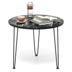 Round Coffee Table Small Faux Marble Accent Table with Thickened Tabletop and Metal Tripod Legs-Black