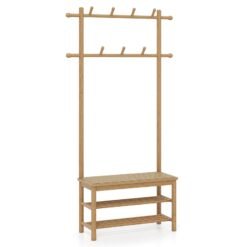 Bamboo Coat Rack PE Rattan Hall Tree with Bench and Shoe Storage-Natural