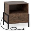 Nightstand with Charging Station 3-Tier Bedside Table with Drawer-Brown