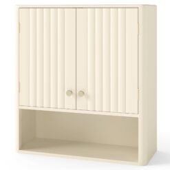 Fluted Bathroom Wall Cabinet Modern Double Door Medicine Cabinet-Beige