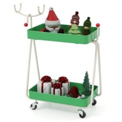 Reindeer Side Table 2-Tier Christmas Rolling Cart with Metal Frame and Wheels-Green