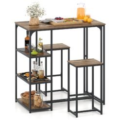 3-Piece Bar Table Set 2 Person Dining Furniture Set with 2 Stools-Brown