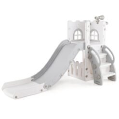 6 in 1 L-shaped Toddle Slide with Basketball Hoop and Telescope-Grey