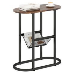 2-Tier Narrow Side Table with Magazine Holder for Living Room Bedroom-Rustic Brown