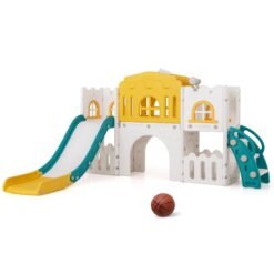 All in 1 Toddler Slide Playset Freestanding Kids Slide with Tunnel-Yellow