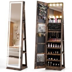 360° Swivel Jewelry Cabinet Freestanding Jewelry Storage Organizer with Lighted Full Length Mirror-Rustic Brown