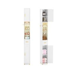 180 cm Tall Bathroom Cabinet Narrow Storage Organizer with 3 Doors and Adjustable Shelves-White