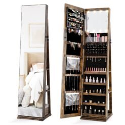 360° Swivel Jewelry Cabinet Full Length Mirror and Back Shelves-Rustic Brown