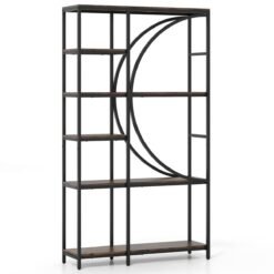 6-Tier Industrial Etagere Bookshelf with Open Storage Shelves and Arc-Shaped Design-Coffee