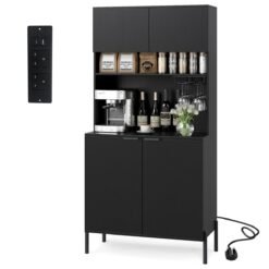Kitchen Pantry Cabinet with Power Outlets and Wine Racks-Black