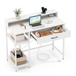Computer Desk with Power Outlets and Top Shelf-White