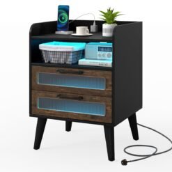 Mid Century Nightstand Modern Bedside Table with Charging Station-Black