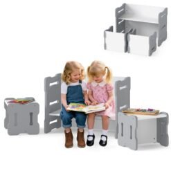Kids Table and Chair Set 3-Piese Toddler Set with 2 Stools and Activity Table-Grey