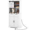 Kitchen Pantry Cabinet with Power Outlet Tall Coffee Bar Cabinet with Doors Drawers and Adjustable Shelf-White