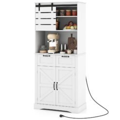 Kitchen Pantry Cabinet with Power Outlet Tall Coffee Bar Cabinet with Doors Drawers and Adjustable Shelf-White