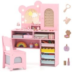 Kids Vanity with Lights Princess Vanity Table and Chair Set with 5 Drawers and 2 Compartments-Pink