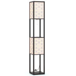 2-Light Floor Lamp with Shelves Wooden Shelf Lamp with 2 Cut-out Patterned Lampshades-Size 1