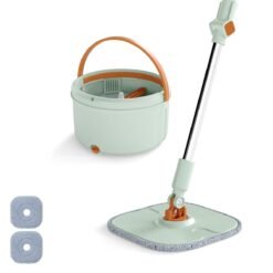 Flat Floor Mop and Bucket System with Washable Microfiber Pads-Green