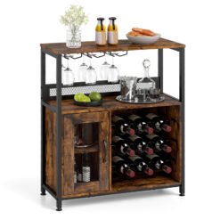 Freestanding Wine Cabinet with Wine Rack and Glass Holder-Coffee