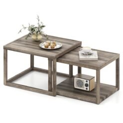Nesting Coffee Table Set of 2 with Storage Shelf and Rubber Wood Frame-Grey