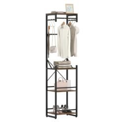 Freestanding Coat Rack Slim Hall Tree with 4 Storage Shelves-Rustic Brown