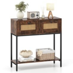 80 CM Boho Console Table with 2 Drawers and Bottom Shelf-Rustic Brown