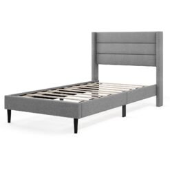 Single/Double Size Bed Frame with Wingback Headboard and Wooden Slats Support-Grey-Single Size