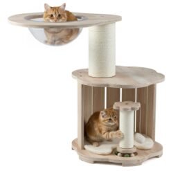 Wooden Cat Tree 3-Level Cute Kitten Tower with Condo Space Capsule Scratching Posts