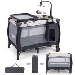 3 in 1 Baby Activity Center Foldable Pack and Play with Diaper Changing Table-Black