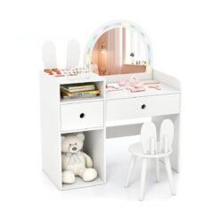 Bunny Kids Vanity Table and Chair Set with Lighted Mirror-White