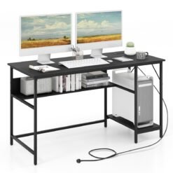 140 x 60 CM Computer Desk with Charging Station Home Office PC Desk with 4 Power Outlets and 2 USB Ports-Black