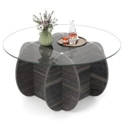 89cm Round Coffee Table Modern Accent Table with Tempered Glass Top-Black