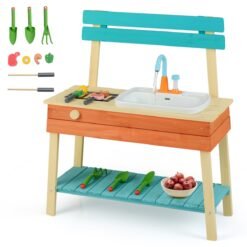 Kids Play Kitchen Set Wooden Kitchen Playset with Cooking & Gardening Accessories-Blue