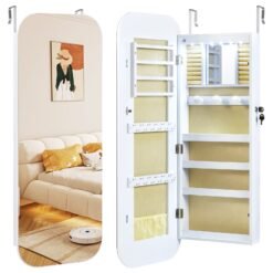 Lockable Jewelry Cabinet with Full-Length Mirror and Storage Shelves-White