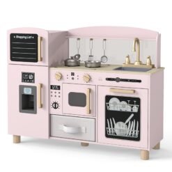 Wooden Kids Play Kitchen with Ice Maker and Fabric Drawer-Pink