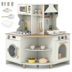 Wooden Corner Kitchen Playset with Working Faucet and Realist Sounds-Beige