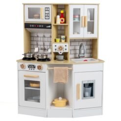 Wooden Kitchen Playset with Sound and Light for Boys Girls-Natural & White