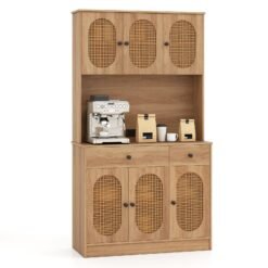 Kitchen Storage Cabinet with Charging Station and 6 Rattan Doors-Natural