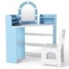 Vanity Table and Chair Set with 3 Storage Shelves and 5 Open Compartments-Blue & White