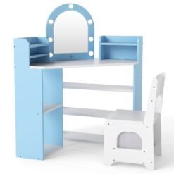 Vanity Table and Chair Set with 3 Storage Shelves and 5 Open Compartments-Blue & White
