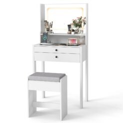 Vanity Desk with Power Outlets and 3 Color Lighting Modes for Bedroom-White