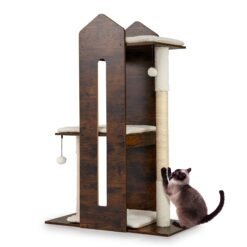 Wooden Cat Activity Center with Sisal Scratching Posts and Hanging Balls-Rustic Brown