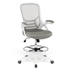 Mesh Drafting Chair with Flip-up Armrests and Mid-Back Padded15-White