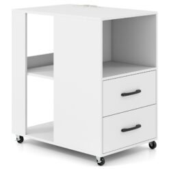 Rolling Nightstand with Storage Drawers and Shelves for Bedroom-White