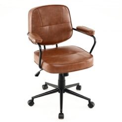 Faux Leather Office Chair Mid Century Modern Upholstered Chair with Padded Armrests-Brown